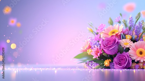 Colorful floral bouquet, spring scene, pastel background, glittering surface, greeting card