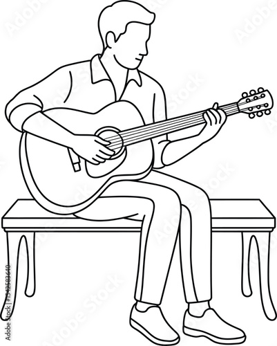 Man Playing Acoustic Guitar on Bench – Line Art Outline Illustration