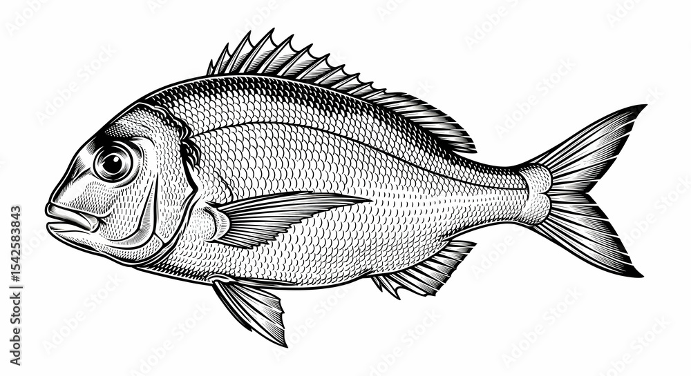 Obraz premium Dorado, Fish, Engraving, Vintage Engraving of a Dorado Fish