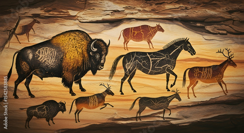 Cave painting, Ancient art, Prehistoric art, Prehistoric Cave Painting of Animals on Stone Wall