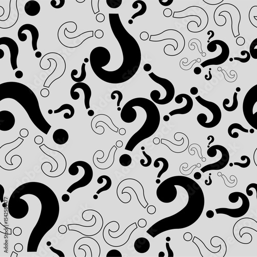 Seamless question mark pattern in black and white on gray background. Repeating abstract design, quizzes, apps, wallpapers,cover and educational tools.