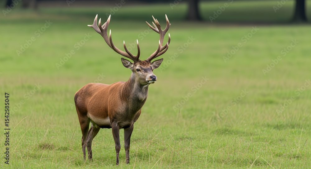 Obraz premium Red deer, Stag, Deer, Majestic Red Deer Stag in Green Meadow