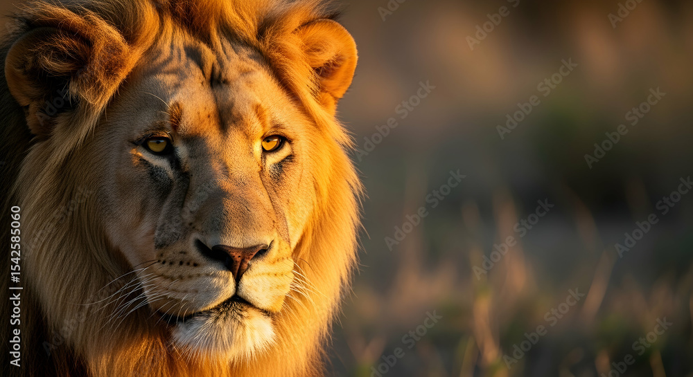 Fototapeta premium Lion, African lion, Male lion, Majestic African Lion Portrait at Golden Hour