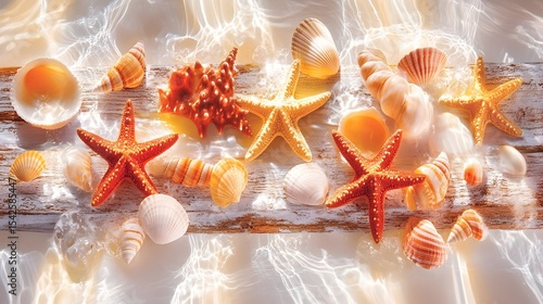 Seashells starfish summer beach wood sunlight design