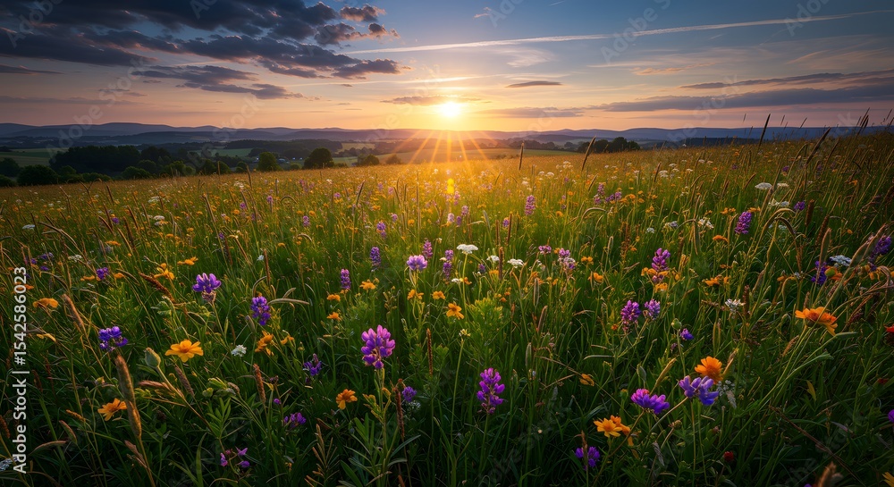 Obraz premium Vibrant Wildflower Meadow at Sunset Tranquil Scene with Colorful Flowers and Golden Hour Light in Picturesque Landscape