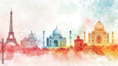 Watercolor illustration of world landmarks.