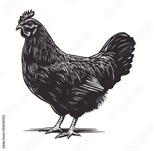 Elegant black hen standing proudly, showcasing its glossy feathers.