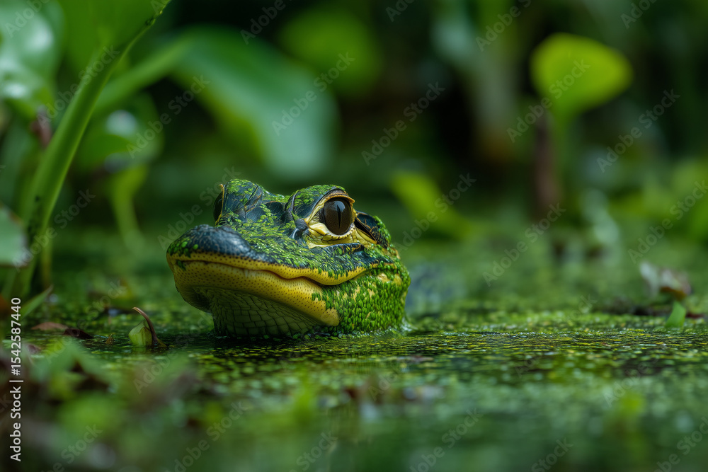 Fototapeta premium Green Crocodile in Water Surrounded by Lush Vegetation