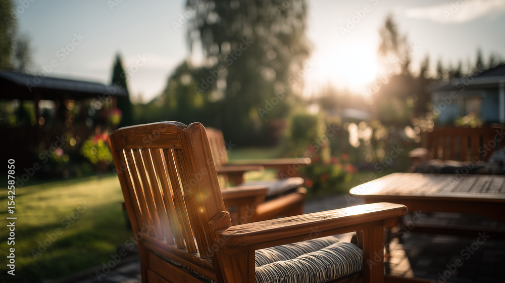 Fototapeta premium Wooden Outdoor Patio Chair in Sunlit Garden with Greenery