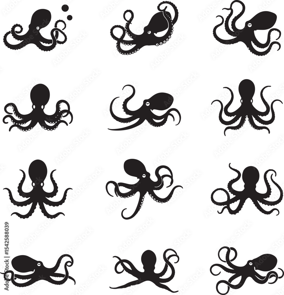 Naklejka premium Aquatic Octopus Silhouette Collection Various Poses