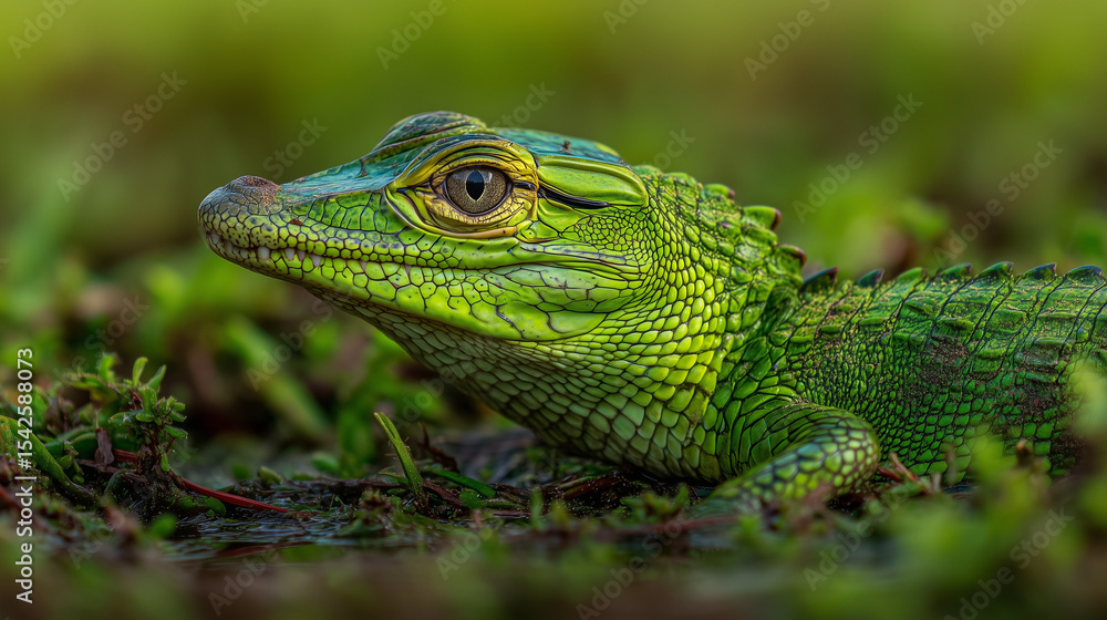 Green Lizard Resting on Natural Vegetation in Outdoor Environment Green Lizard Resting on Natural Vegetation in Outdoor Environment