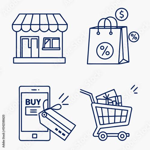 Set of online shopping related line icons. Commerce, payment, buy, shop, delivery, cart etc. Editable stroke. Set 3