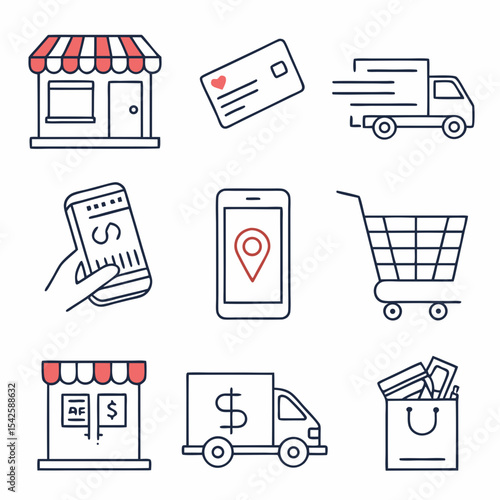 Set of online shopping related line icons. Commerce, payment, buy, shop, delivery, cart etc. Editable stroke. Set 3