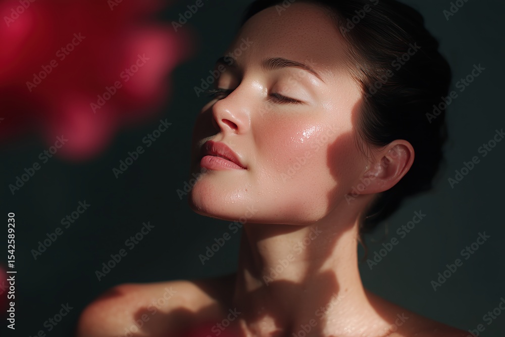 Naklejka premium A radiant woman with closed eyes basks in the soft sunlight, enveloped by delicate petals, embodying serenity and the essence of natural beauty.