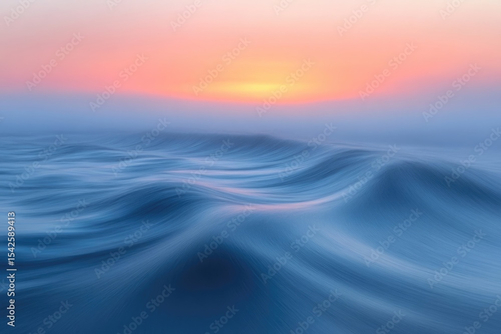 Obraz premium Calm ocean waves with a blurred effect, lit by a soft, pastel sunrise sky with gentle colors.