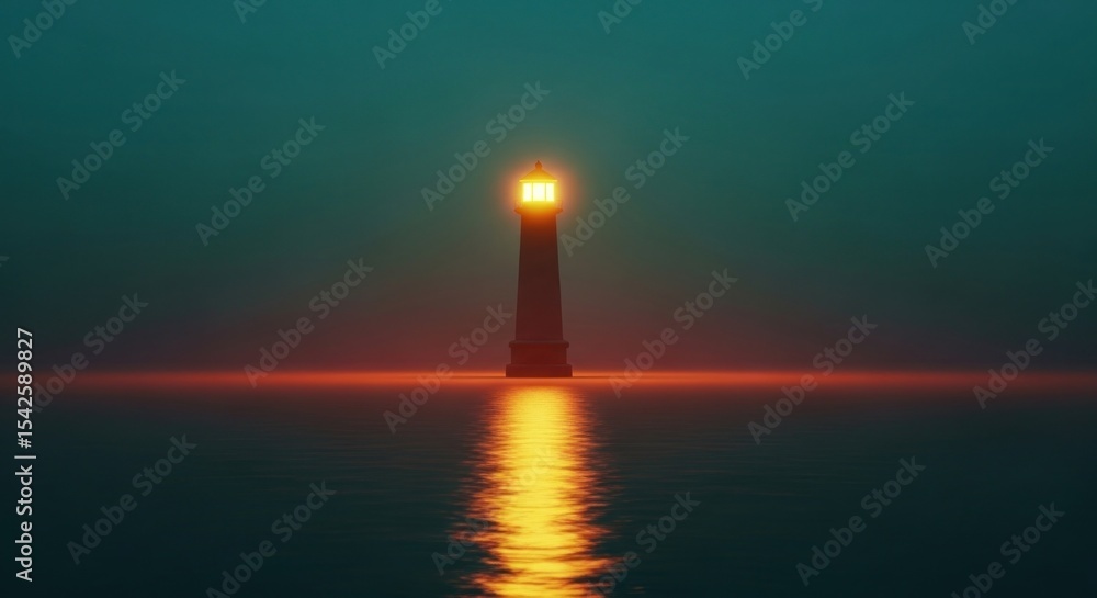 Fototapeta premium A lighthouse stands tall in the water with a bright light shining against a dark teal and orange sky