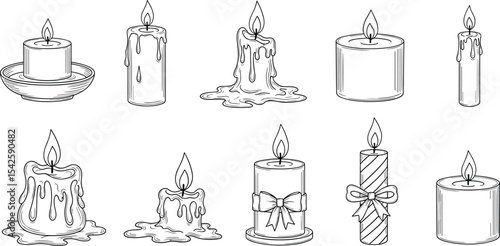 Sketch of Candles. Hand drawn vector illustration with candlelight in doodle style for Christmas or birthday design. Simple contour drawing for icon or logo. Black line on white isolated background 