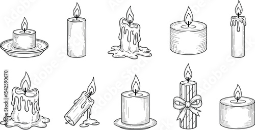Sketch of Candles. Hand drawn vector illustration with candlelight in doodle style for Christmas or birthday design. Simple contour drawing for icon or logo. Black line on white isolated background 