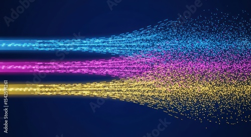 Three streams of colored particles converging on a dark blue background in a digital abstract art style
