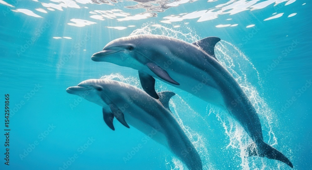 Two dolphins swimming gracefully underwater in clear blue ocean water with sunlight penetrating through Two dolphins swimming gracefully underwater in clear blue ocean water with sunlight penetrating through
