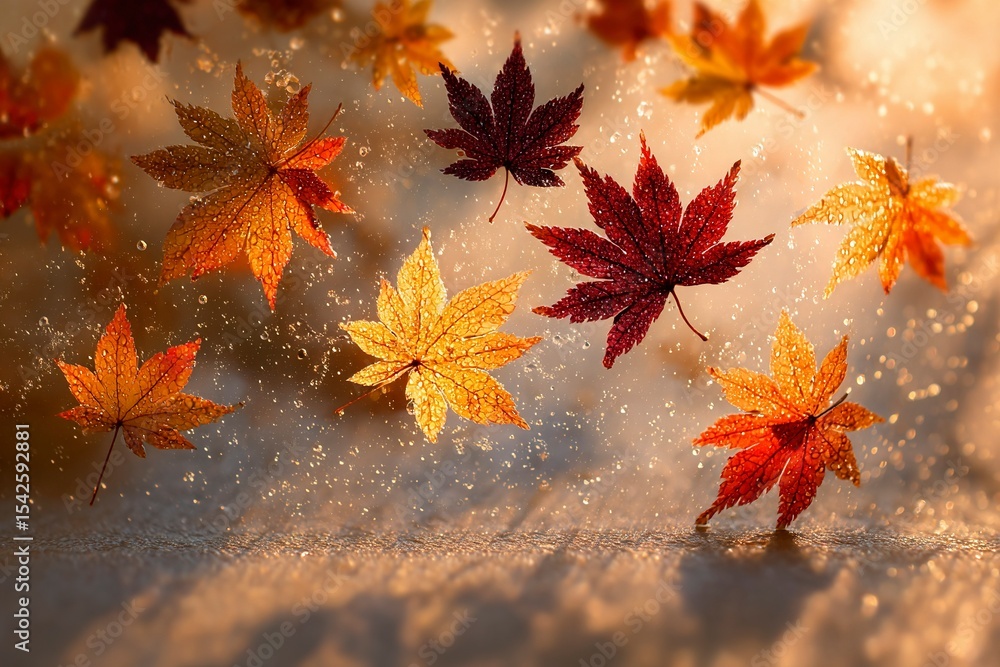 Backlit Maple Leaves on Frosted Glass: Amber & Burgundy Floating with Geometric Sunlight Shadows, 70% Peach Gradient Autumn Warmth Backlit Maple Leaves on Frosted Glass: Amber & Burgundy Floating with Geometric Sunlight Shadows, 70% Peach Gradient Autumn Warmth