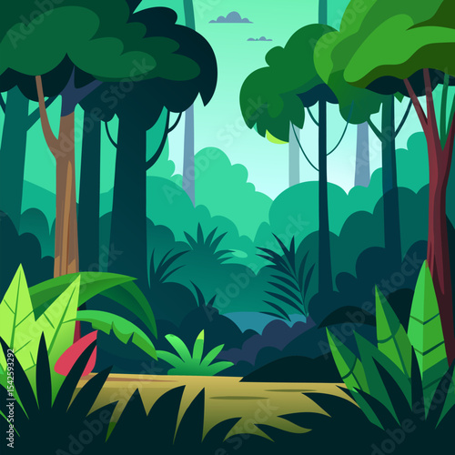 Wild wet dark jungle forest with trees vector landscape nature background.