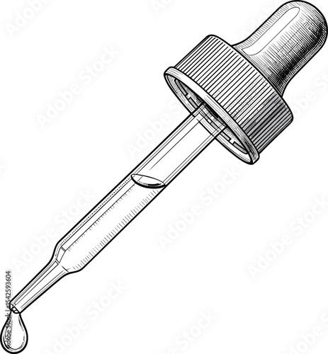 Line art of a dropper releasing a liquid droplet. Vector illustration of pipette for medicinal or skincare design. Outline drawing of eyedropper with drop for herbal medicine and aromatherapy. 