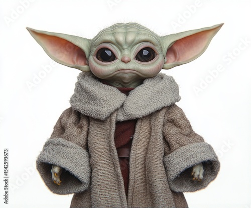 Small green alien creature with large ears and big black eyes wearing a thick textured brown robe against a white background