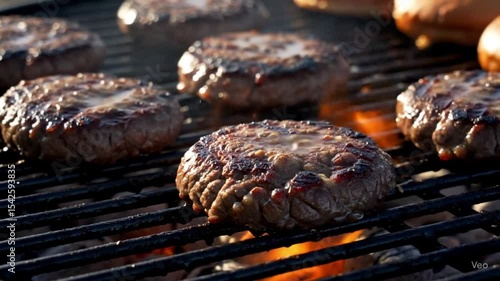 Sizzling Burgers on Barbecue Grill in Slow Motion