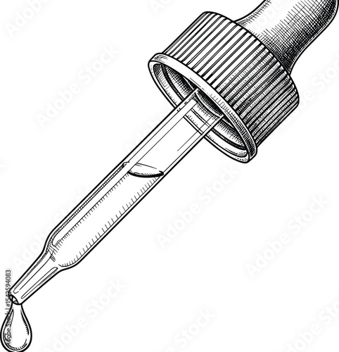 Line art of a dropper releasing a liquid droplet. Vector illustration of pipette for medicinal or skincare design. Outline drawing of eyedropper with drop for herbal medicine and aromatherapy. 