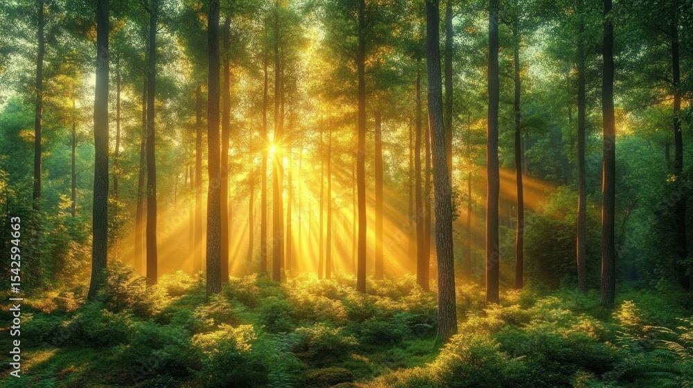 Fototapeta premium Golden sunlight beams piercing through tall trees in a lush green forest creating a peaceful and magical atmosphere