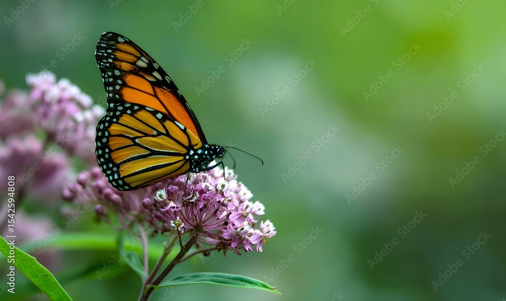a monach butterfly sitting on purple milk weed with a blurred green background, Generative AI a monach butterfly sitting on purple milk weed with a blurred green background, Generative AI