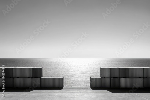 Minimalist black and white shot of shipping containers framing a shimmering ocean backdrop under a clear sky.