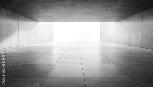Empty modern concrete tunnel with smooth tiled floor and bright exit creating a stark contrast and feeling of openness