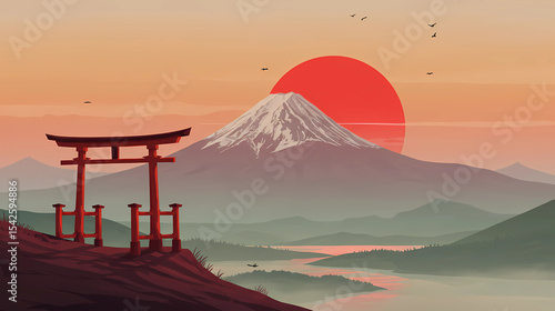 An illustrative landscape featuring a snow-capped mount fuji with a large red sun setting behind it, a prominent torii gate in the foreground, and misty mountains and a river in the midground, all ren