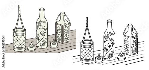 Decorative hand drawn illustrations of candles and lanterns with floral bottle embellishments on a wooden surface