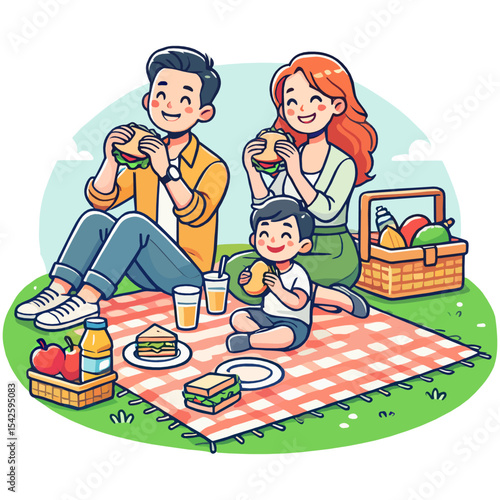Cartoon Family Having Picnic On Green Field With Sandwiches And Juice
