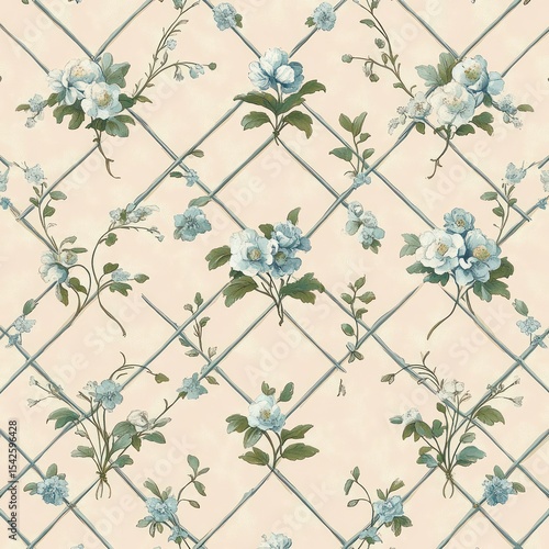 Seamless floral pattern with white and light blue flowers and green leaves intertwined with a lattice grid on a soft beige background