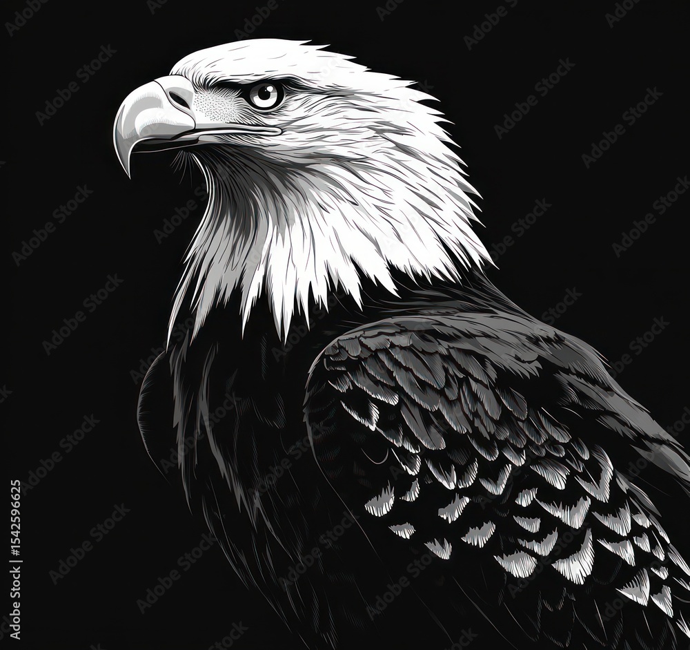Detailed black and white illustration of a majestic bald eagle with sharp eyes and intricate feather texture against a dark background Detailed black and white illustration of a majestic bald eagle with sharp eyes and intricate feather texture against a dark background