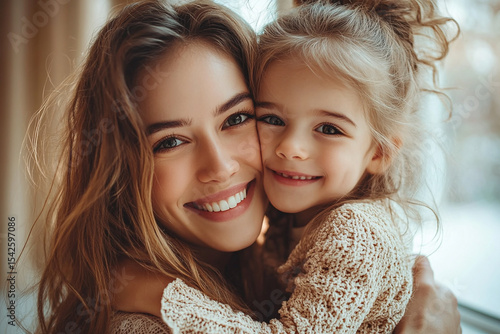 Cute little preschooler daughter hug cuddle with smiling young mother kiss show love and affection, 
