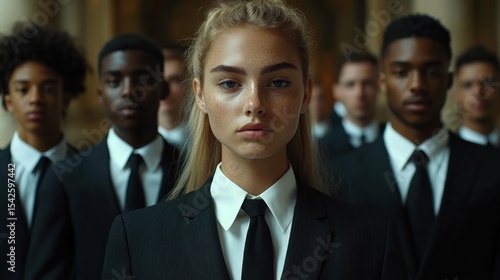 Group of serious young professionals in formal black suits and white shirts standing confidently indoors with a focused blonde woman at the forefront