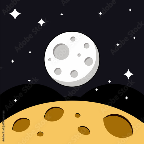Moon with craters on black space with stars vector landscape background.