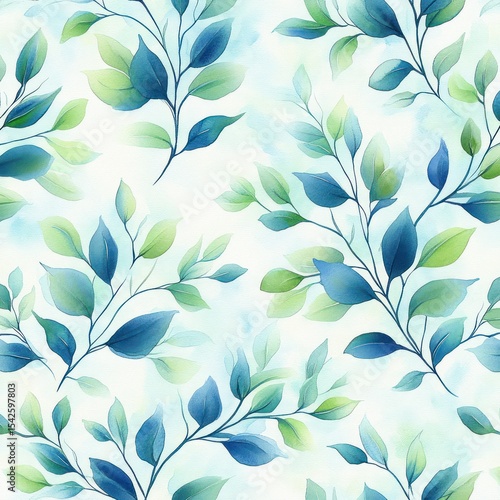 Seamless pattern of delicate blue and green watercolor leaves on light background creating a fresh and calming botanical design