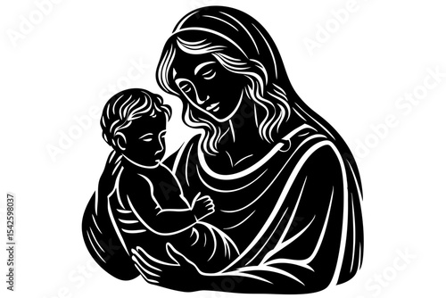 Madonna and Child A Black and White Illustration of Motherly Love
