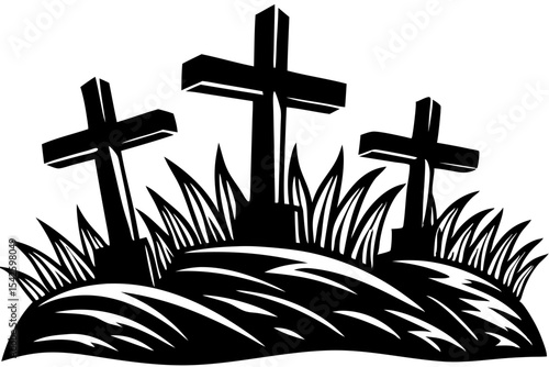 Three Crosses on a Hill A Symbolic Black and White Illustration of Remembrance and Faith