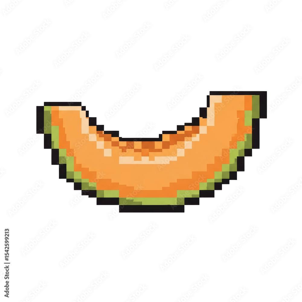 Fototapeta premium A vibrant pixel art melon slice featuring orange flesh and a green rind. This retro 8 bit fruit graphic is perfect for games and digital designs.