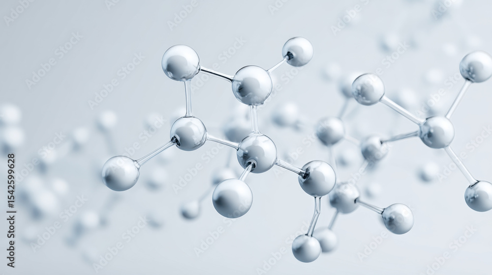 Obraz premium 3D rendering of interconnected molecules with shiny metallic spheres and rods, illustrating scientific molecular structure concept