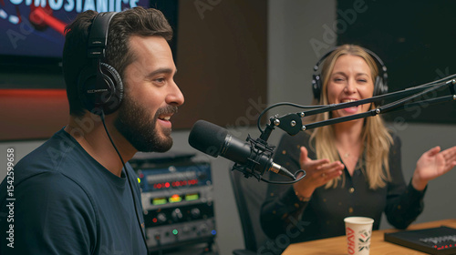 A man with a beard and headphones is speaking into a microphone while a blonde woman, also wearing headphones, smiles and gestures beside him in a podcast or radio studio setting.