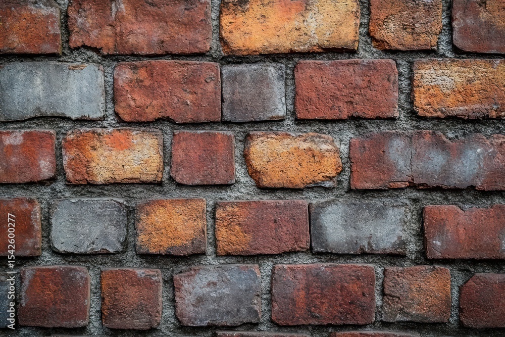 Close-up of an old rustic brick wall with various shades of red, orange, and gray bricks arranged in a pattern with visible mortar lines Close-up of an old rustic brick wall with various shades of red, orange, and gray bricks arranged in a pattern with visible mortar lines