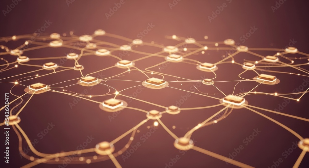 Obraz premium A network of interconnected nodes with glowing lines on a brown background in a close up view